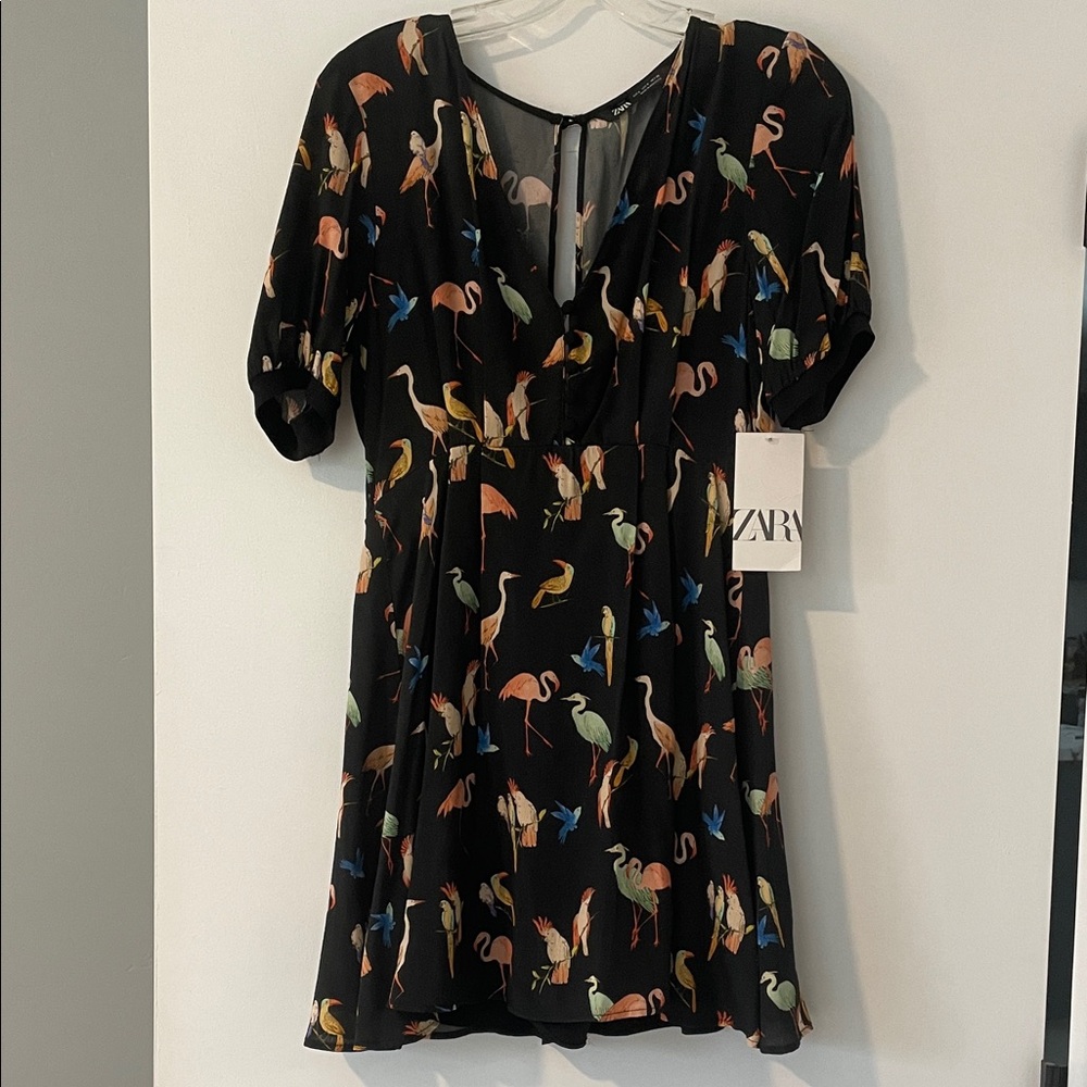 Zara Black Dress with Multicolor Bird Pattern